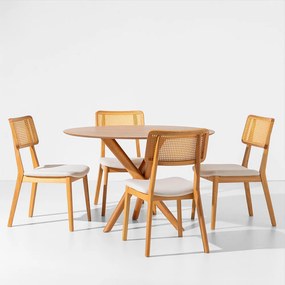 Conjunto Mesa de Jantar Thai Redonda Carvalho Americano - 1,20m + 4 Cadeiras Lalá Encosto Palha Natural Plot - Cru