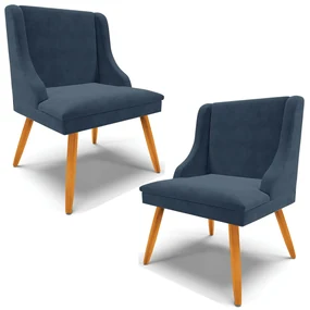 Kit 2 Poltronas Decorativas Pés Palito de Madeira Firenze Suede Azul Marinho/Natural G19 - Gran Belo
