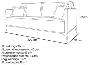 Sofá 3 Lugares Pé de Ferro Preto Rafaela 200 cm Linho S04 - D'Rossi - Natural