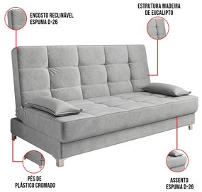 Sofá Cama Equador 193 cm Encosto Reclinável Veludo Pés Plástico Cromado - D'Rossi - Cinza