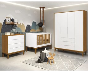 Kit Quarto Infantil com Pés Square Mel  - Cômoda Elfe 4 Gavetas + Guarda-Roupa Elfe + Berço Mini Cama Noah - Branco e Savana