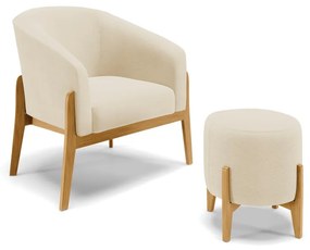 Poltrona com Puff Base de Madeira Stella Linho Bege D03 - D'Rossi