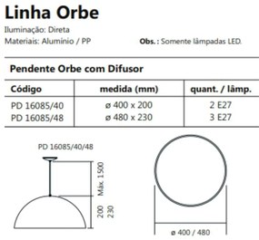 Pendente Orbe C/ Difusor Acrilico Metal 40X20Cm 2Xe27 Meia Esfera Usin... (PT - Preto Texturizado)