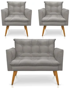 Kit 1 Sofá Namoradeira e 2 Poltronas Tais Suede Grafite Pés Palito Castanho - D'Rossi