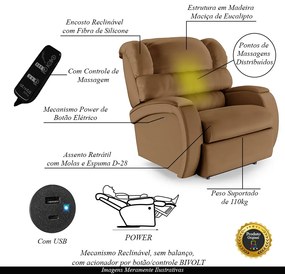 Poltrona do Papai Sala de Cinema Reclinável Kylie Power Touch Massagem USB PU Caramelo G23
