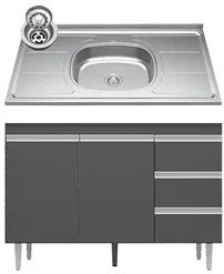 Balcão de Cozinha Com Pia Inox 100cm 3 Gavetas Andréia Cinza - AJL Móv