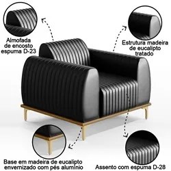 Kit 2 Poltronas Decorativas Base Gold Molino D06 PU B-159 Preto - Mpoz