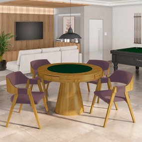 Conjunto Mesa de Jogos Carteado Bellagio Tampo Reversível e 4 Cadeiras Madeira Poker Base Cone Veludo Rosê/Mel G42 - Gran Belo