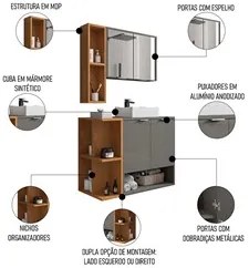 Gabinete de Banheiro com Cuba e Espelheira Lizzi B02 Titanium/Naturall