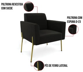 Poltrona Pé de Ferro Dourado Decorativa Kit 2 Marisa Suede D03 - D'Rossi - Preto