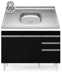 Balcão Gabinete com Pia Inox 120cm Michigan Preto - Lumil