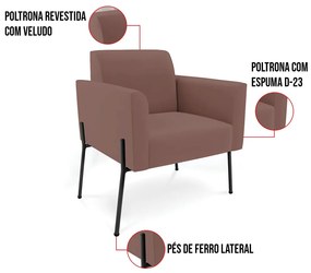 Poltrona Pé de Ferro Preto para Sala Kit 2 Marisa Veludo D03 - D'Rossi - Rose