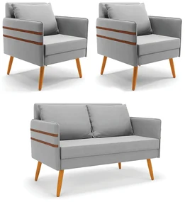 Kit 01 Namoradeira 02 Lugares e 02 Poltronas Mari Suede Cinza Pés Palito Castanho - D'Rossi