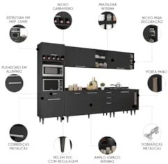 Armário de Cozinha Com Tampo CP07 310cm Pérola Preto Z34      - Mpozen