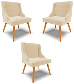 Kit 3 Cadeiras Decorativas Sala de Jantar Pés Palito de Madeira Firenze Suede Bege/Natural G19 - Gran Belo