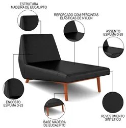 Chaise Longue Divã 155cm Pés Madeira Liz D06 Sintético Preto - Mpozena