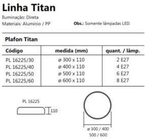 Plafon Titan Ø30X11Cm 2Xe27 Com Difusor Plano | Usina 16225/30 (CP-M - Champagne Metálico)