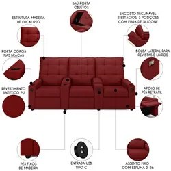 Poltrona de Cinema Reclinável 3 Lugares Baú USB Mallie FH9 PU Vermelho