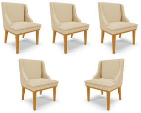 Kit 5 Cadeiras Decorativas Sala de Jantar Base Fixa de Madeira Firenze Veludo OffWhite Luxo/Castanho G19 - Gran Belo