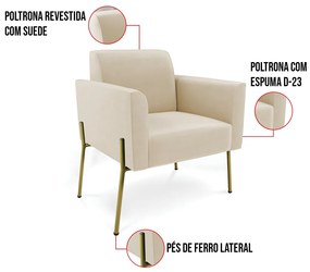 Poltrona Pé de Ferro Dourado Decorativa Marisa Suede Bege D03 - D'Rossi