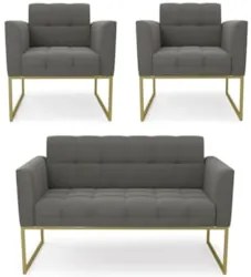 Sofá Namoradeira e 2 Poltronas Base Industrial Dourado Ana Suede Grafi