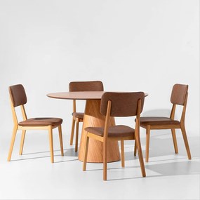 Conjunto Mesa de Jantar Dadi Orgânica 1,20m - Cinamomo + 4 Cadeiras Lalá Estofada - Cognac