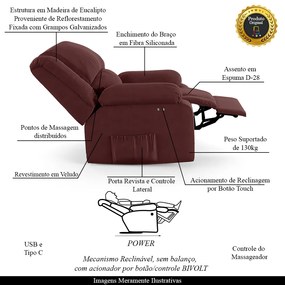 Poltrona do Papai Reclinável Sala de Cinema Madrid Power Touch Massagem USB Veludo Vinho  G23