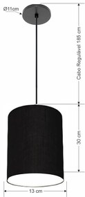 Luminária Pendente Vivare Free Lux Md-4102 Cúpula em Tecido - Preta - Canola preta e fio preto