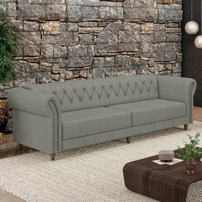 Sofá Living Sala de Estar Stanford Chesterfield 3 Lugares 260cm Pés de Madeira Couro Cinza G58 - Gran Belo