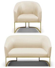 Sofá Namoradeira e Poltrona Base Industrial Dourado Stella Sintético D03 - D'Rossi - Bege