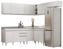 Armário de Cozinha Modulado de Canto 7 Peças CP21 com Pia Inox Branco