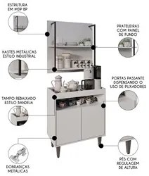 Aparador Cantinho do Café e Painel 2 Prateleiras Flora M24 Branco - Mp