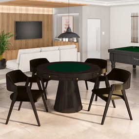 Conjunto Mesa de Jogos Carteado Bellagio Tampo Reversível e 4 Cadeiras Madeira Poker Base Cone Veludo Marrom/Capuccino G42 - Gran Belo