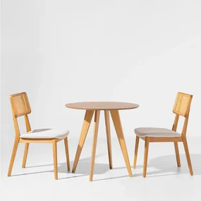 Conjunto Mesa Square Redonda 80cm - Louro Freijó + 2 Cadeiras Lalá Palha Natural - Plot Cru