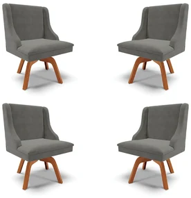 Kit 4 Cadeiras Decorativas Sala de Jantar Base Giratória de Madeira Firenze Suede Grafite/Natural G19 - Gran Belo