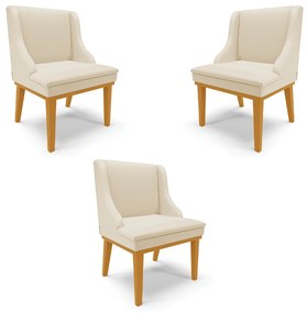 Kit 3 Cadeiras Decorativas Sala de Jantar Base Fixa de Madeira Firenze PU Bege/Castanho G19 - Gran Belo