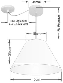 Lustre Pendente Cone Com Desvio de Centro Vivare Md-4272 Cúpula em Tecido 15x40cm - Bivolt