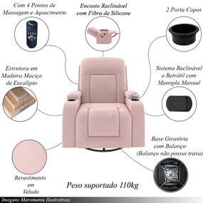 Poltrona do Papai Reclinável Giratória e Balanço Sala de Cinema Crihs com Massagem e Aquecimento Veludo Rosê G23 - Gran Belo