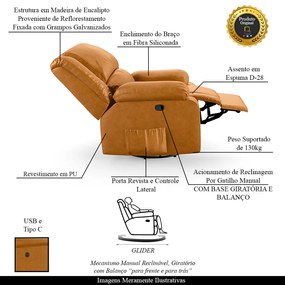 Poltrona do Papai Reclinável Melim Glider Giratória USB PU Whisky FH1 - D'Rossi