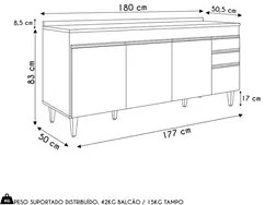 Balcão de Cozinha Para Pia 180cm com Tampo 4 Portas Dallas Cinza Claro