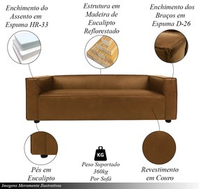 Sofá Decorativo Ryan 3 Lugares Sala de estar 220cm Couro Caramelo Manchado G40 - Gran Belo