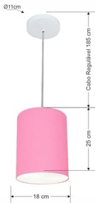 Kit/2 Lustre Pendente Cilíndrico Md-4012 Cúpula em Tecido 18x25cm Rosa Bebê - Bivolt
