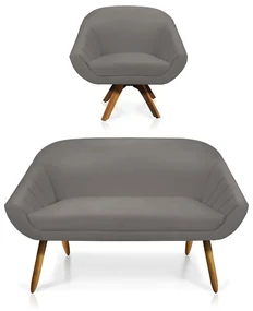 Kit 01 Namoradeira 02 Lugares e 01 Poltrona GiratĂłria Giovana Suede Grafite Base Madeira MM30 - D'Rossi