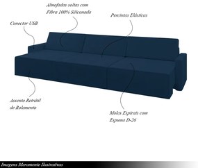 Sofá Retrátil Embutido Modulado 6 Lugares Xerxes 322cm USB Veludo Azul G33 - Gran Belo