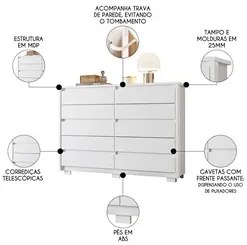 Cômoda para Quarto 10 Gavetas 151cm Duetto Branco - Albatroz