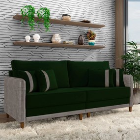 Sofá Living Montecarlo 3 Lugares Bipartido 232cm Pés em Madeira Veludo/PU Verde/Cinza G33 - Gran Belo