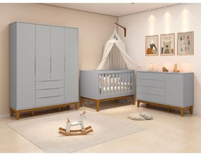 Kit Quarto Infantil com Pés Square Mel - Cômoda Elfe 4 Gavetas e 1 Porta + Guarda-Roupa Elfe + Berço Mini Cama Noah - Cinza Fosco