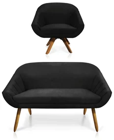 Kit 01 Namoradeira 02 Lugares e 01 Poltrona GiratĂłria Giovana Suede Preto Base Madeira MM30 - D'Rossi