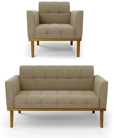 Namoradeira com Poltrona Base de Madeira Castanho Elisa Suede Marrom Rato D03 - D'Rossi