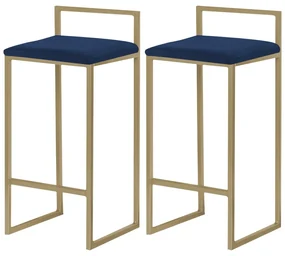 Kit 2 Banquetas Decorativa Jasmine Base Gold Veludo Azul G41 - Gran Belo
